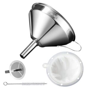 kitchen funnel for filling bottles, kitchen gadgets cooking oil funnel with strainer and 200 mesh filter, tea grease juice food strainer, 18/8 stainless steel funnel (5 inch mouth, 0.63 inch stem)