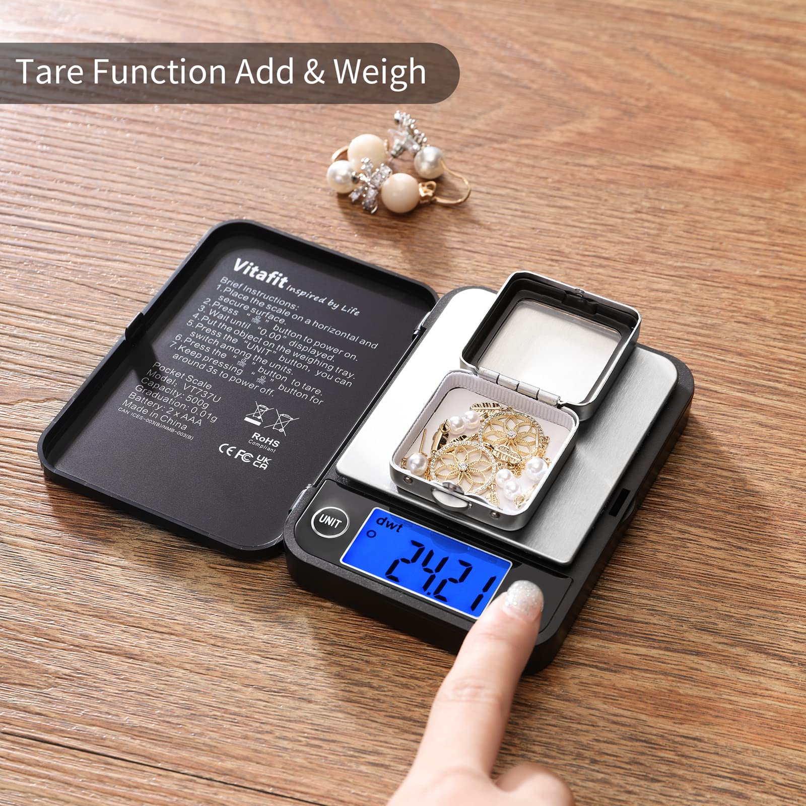 Vitafit 500g Digital Pocket Gram Scale 0.01g Accuracy, Weighing Professional Since 2001, High Precision Scale Grams for: Lab, Food, Kitchen, Coffee, Jewelry; Black