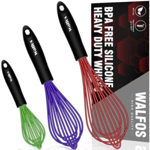 walfos silicone balloon whisk, heat resistant non scratch coated kitchen whisks for cooking nonstick cookware, balloon egg wisk perfect for blending, baking, beating, set of 3,red,blue,green