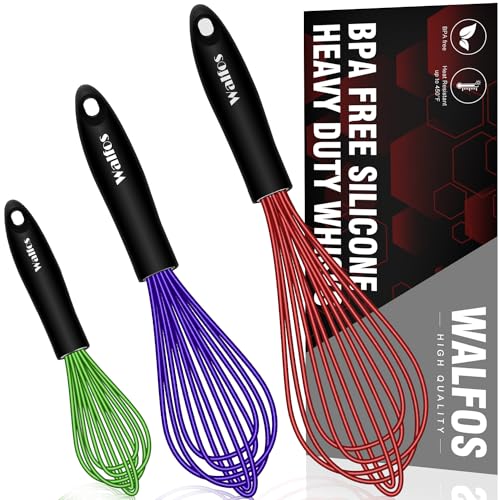 Walfos Silicone Balloon Whisk, Heat Resistant Non Scratch Coated Kitchen Whisks for Cooking Nonstick Cookware, Balloon Egg Wisk Perfect for Blending, Baking, Beating, Set of 3,Red,Blue,Green