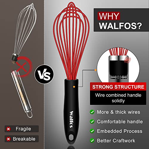 Walfos Silicone Balloon Whisk, Heat Resistant Non Scratch Coated Kitchen Whisks for Cooking Nonstick Cookware, Balloon Egg Wisk Perfect for Blending, Baking, Beating, Set of 3,Red,Blue,Green