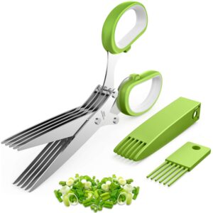 herb scissors, kitchen herb shears cutter with 5 blades and cover, sharp dishwasher safe kitchen gadget - green