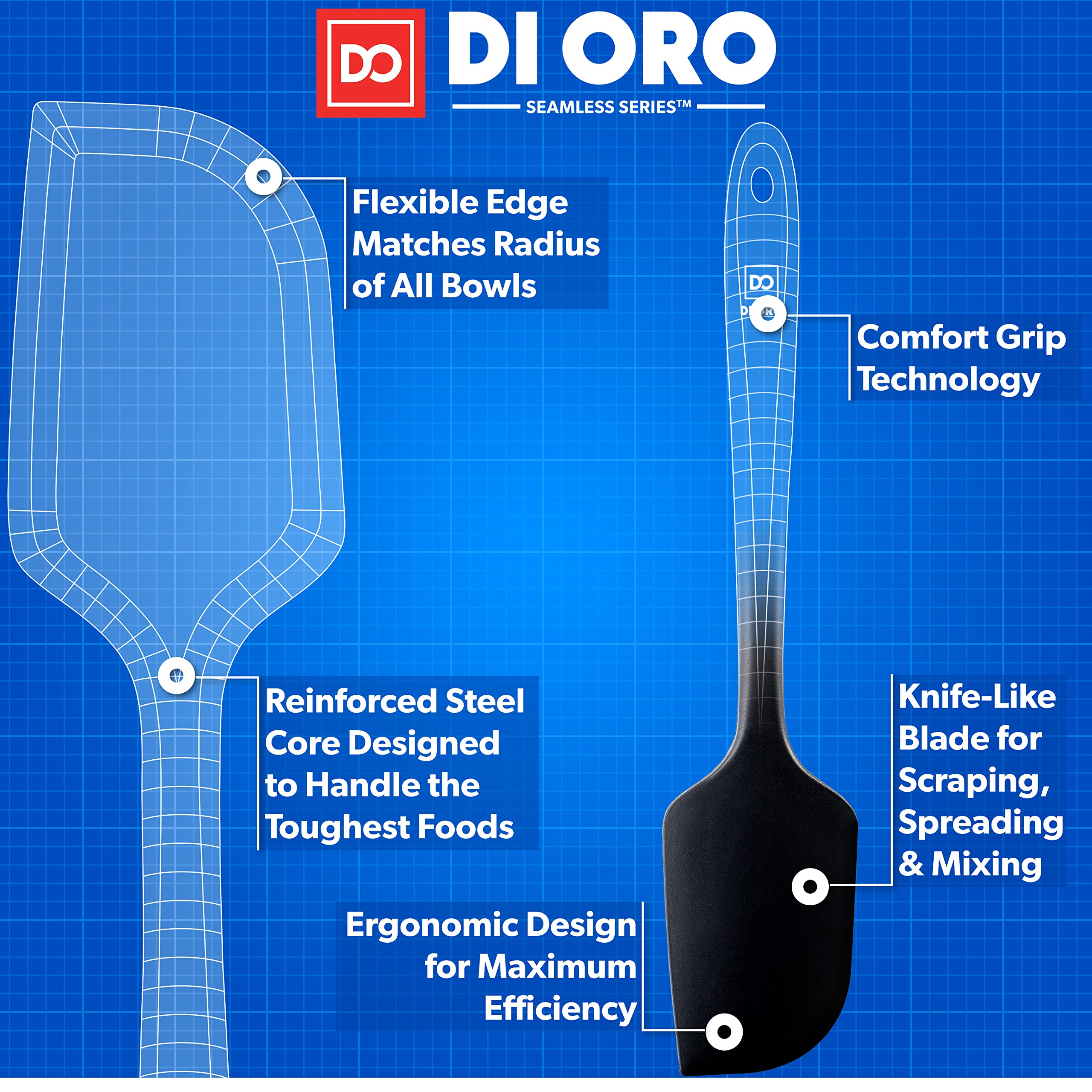 DI ORO Silicone Spatula - 600°F Heat-Resistant Rubber Kitchen Spatula for Baking, Scraping, & Mixing - BPA Free Nonstick Cookware Safe Flexible Utensil for Cooking - Seamless & Dishwasher Safe (Black)