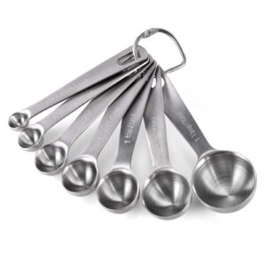 measuring spoons: u-taste 18/8 stainless steel set of 7 piece: 1/8 tsp, 1/4 tsp, 1/2 tsp, 3/4 tsp, 1 tsp, 1/2 tbsp & 1 tbsp dry and liquid ingredients