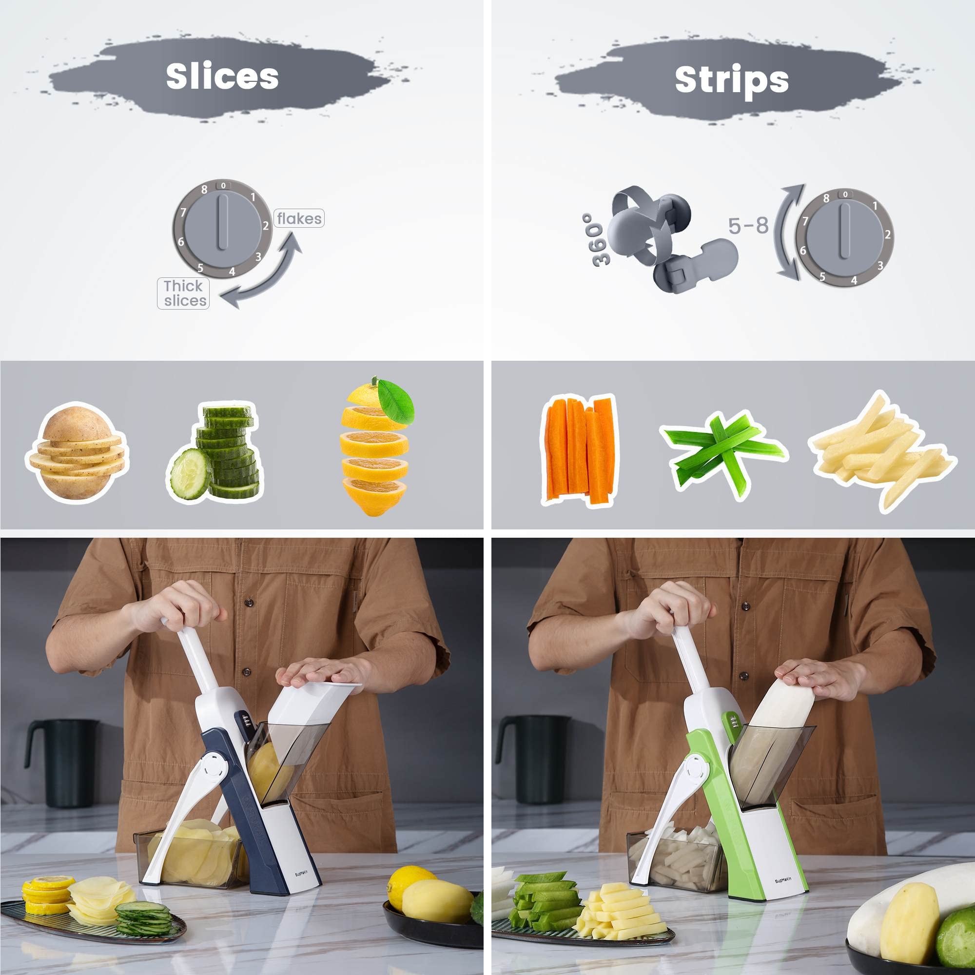 SUPMAKIN Safe Mandoline Food Slicer for Kitchen, Adjustable Potato Slicer,Vegetable Chopper, Mandolin Slicer, French Fry Cutter, 5 in 1 Chopping Artifact for Kitchen Chef Meal Prep