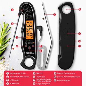 TEMOLA Meat Thermometer, Instant Read Food Thermometer for Cooking, Digital Food Thermometer with LCD Backlight for Candy Fry Grill BBQ Liquids, Kitchen Oven Safe Dual Probe 2 in 1 Thermometer