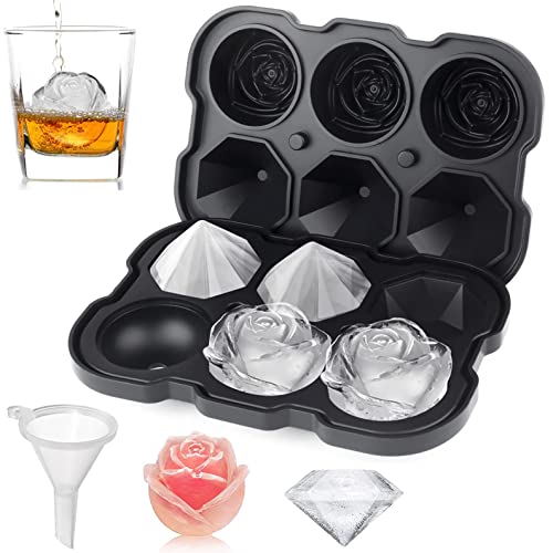 Ice Cube Tray, Mikiwon 2 inch Rose Ice Cube Trays With Covers, 3 Cavity Silicone Rose Ice Tray & 3 Diamond Ice Ball Maker, Easy Release Large Ice Cube Form for Chilled Cocktails, Whiskey Juice Black