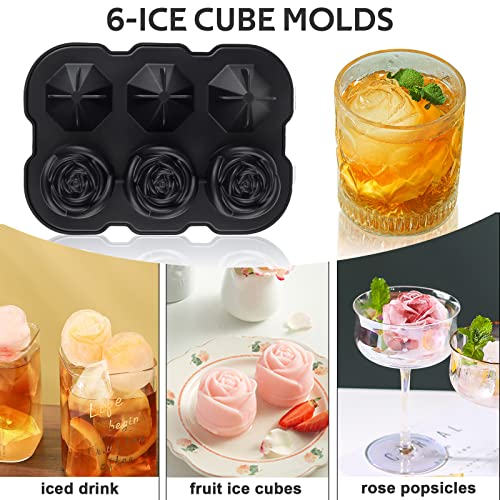 Ice Cube Tray, Mikiwon 2 inch Rose Ice Cube Trays With Covers, 3 Cavity Silicone Rose Ice Tray & 3 Diamond Ice Ball Maker, Easy Release Large Ice Cube Form for Chilled Cocktails, Whiskey Juice Black