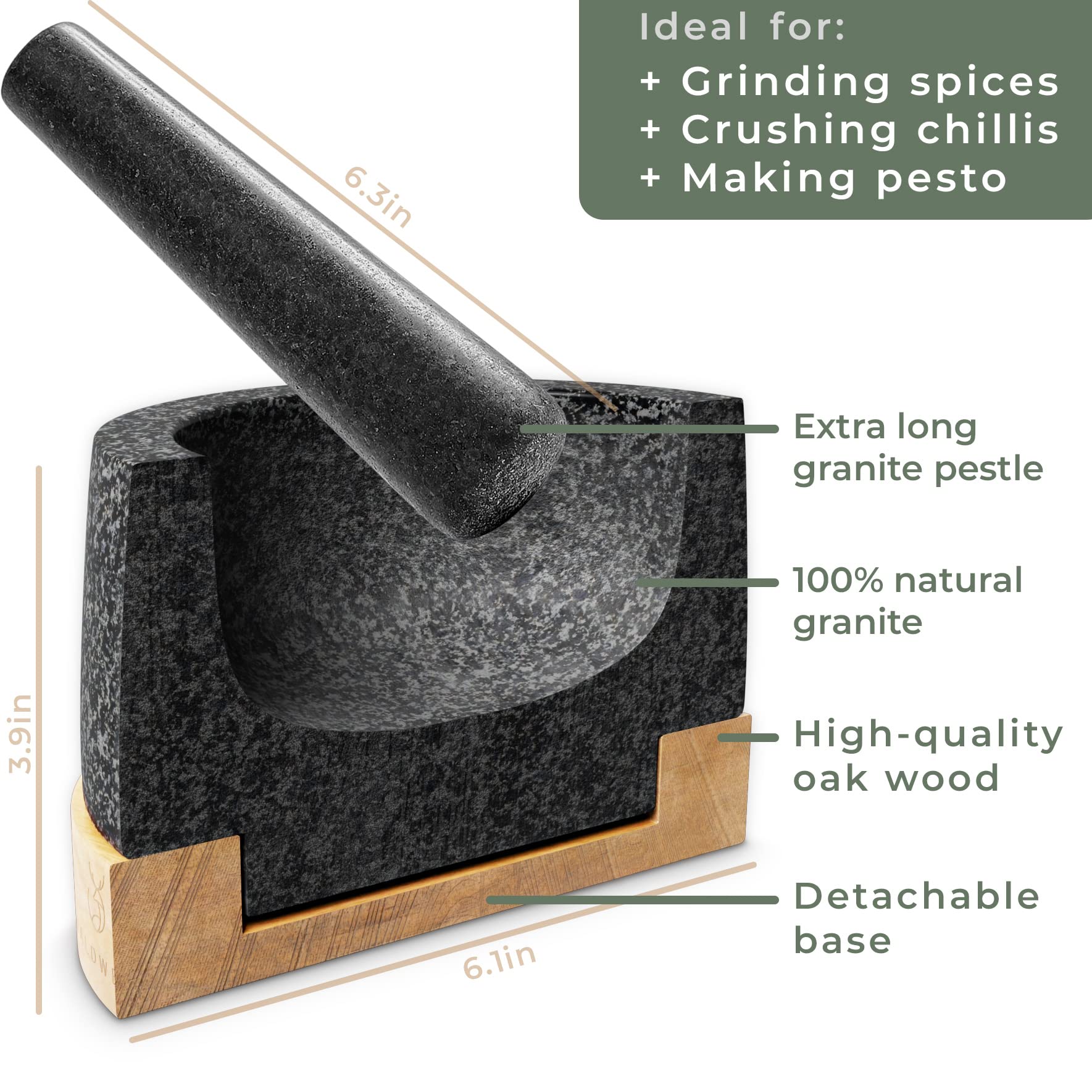 WALDWERK Mortar and Pestle - Mortar and Pestle Set with Anti-Scratch Oak Wood Base - Mortar with Extra Large Pestle Made of Natural Granite - Large Mortar and Pestle - Ideal for Guacamole