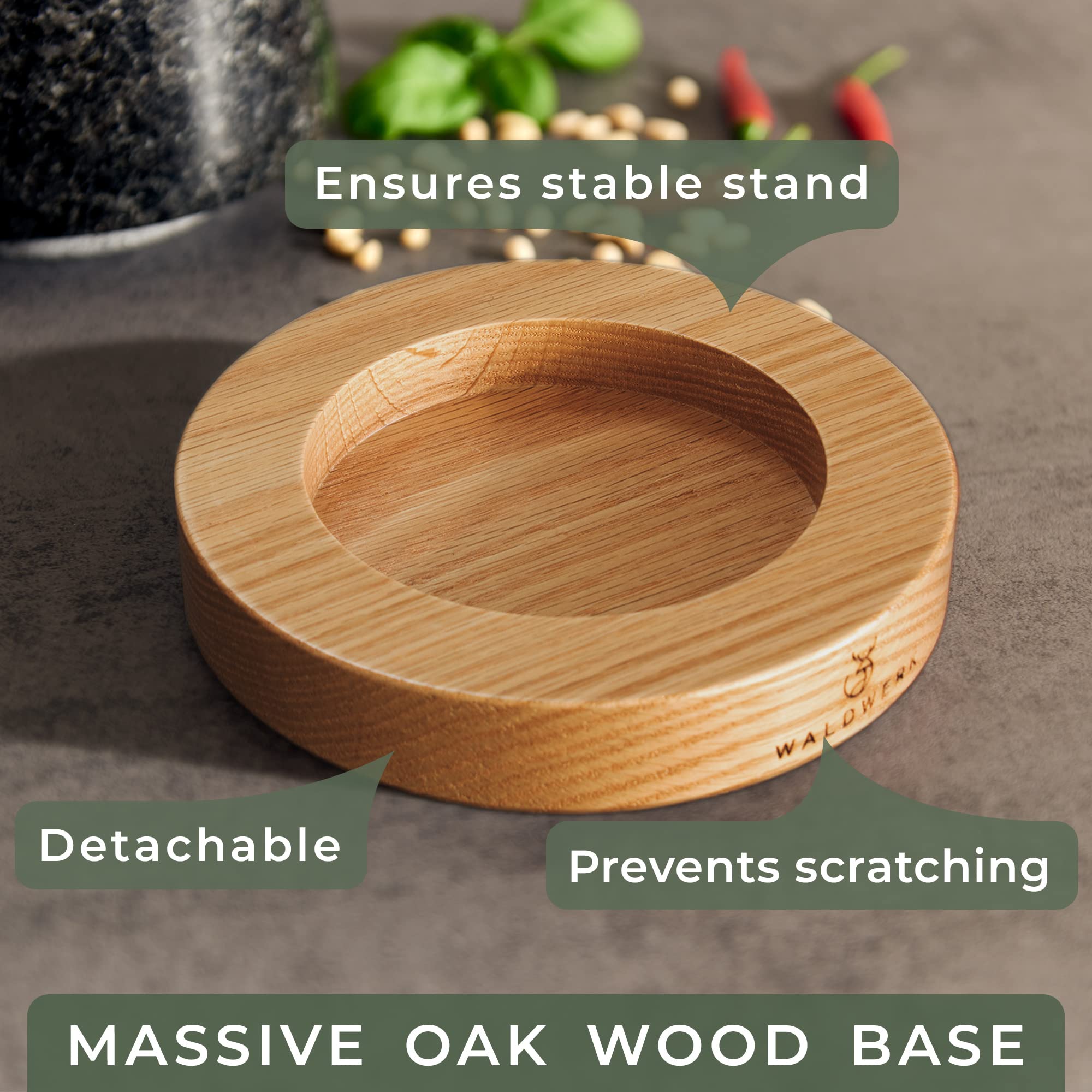 WALDWERK Mortar and Pestle - Mortar and Pestle Set with Anti-Scratch Oak Wood Base - Mortar with Extra Large Pestle Made of Natural Granite - Large Mortar and Pestle - Ideal for Guacamole