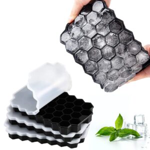 hocerlu ice cube trays, 3 pack silicone small ice cube trays with removable lid, easy-release flexible hexagonal 37-ice cube molds, stackable for freezer, chilled drinks, whiskey, cocktail - black