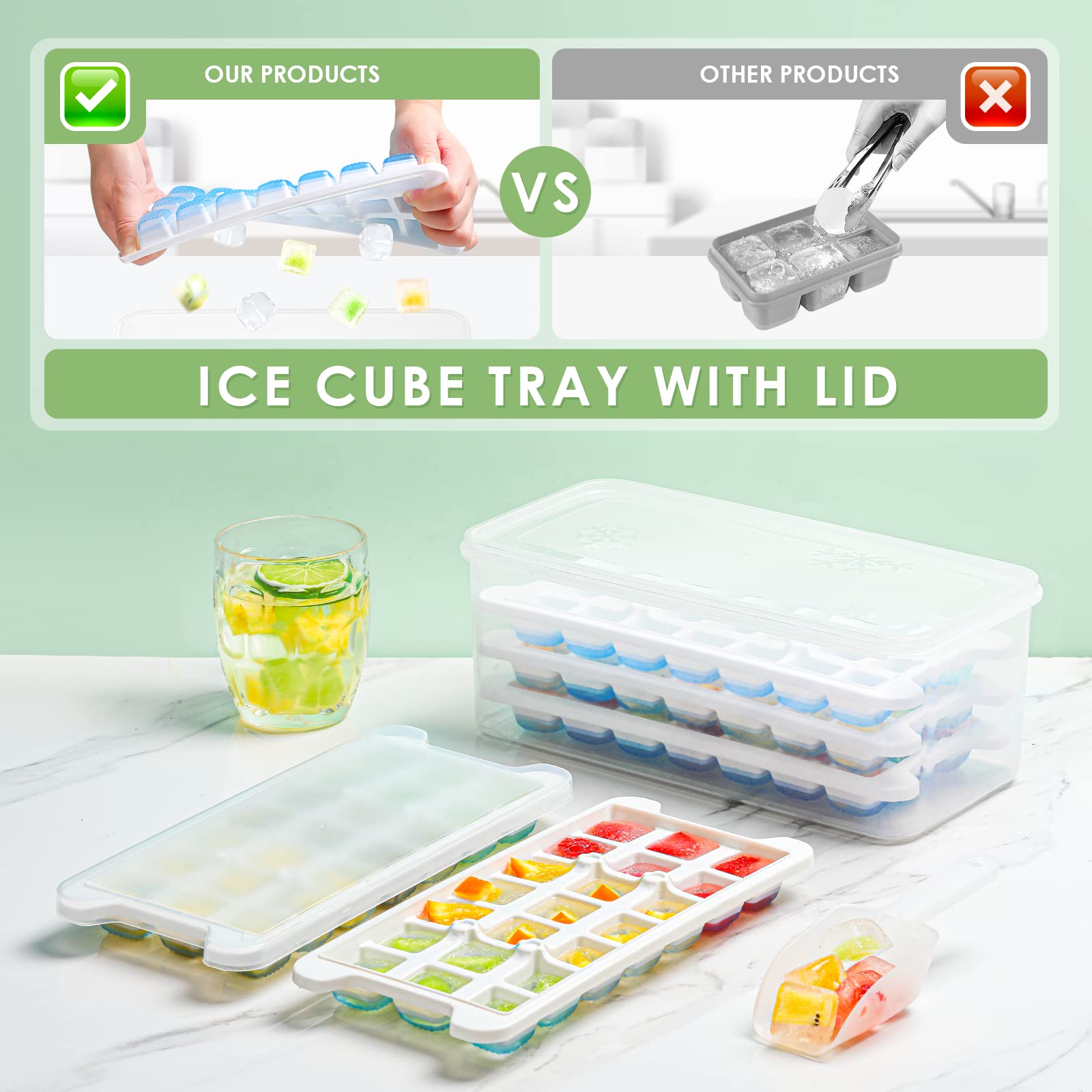 Ice Cube Tray with Lid and Bin - Jadkysarh Small Nugget Ice Cube Trays for Freezer Easy Release Silicone Ice Cube Molds for Chilling Whiskey Cocktail Coffee Fruit Seafood 3 Trays with Ice Scoop