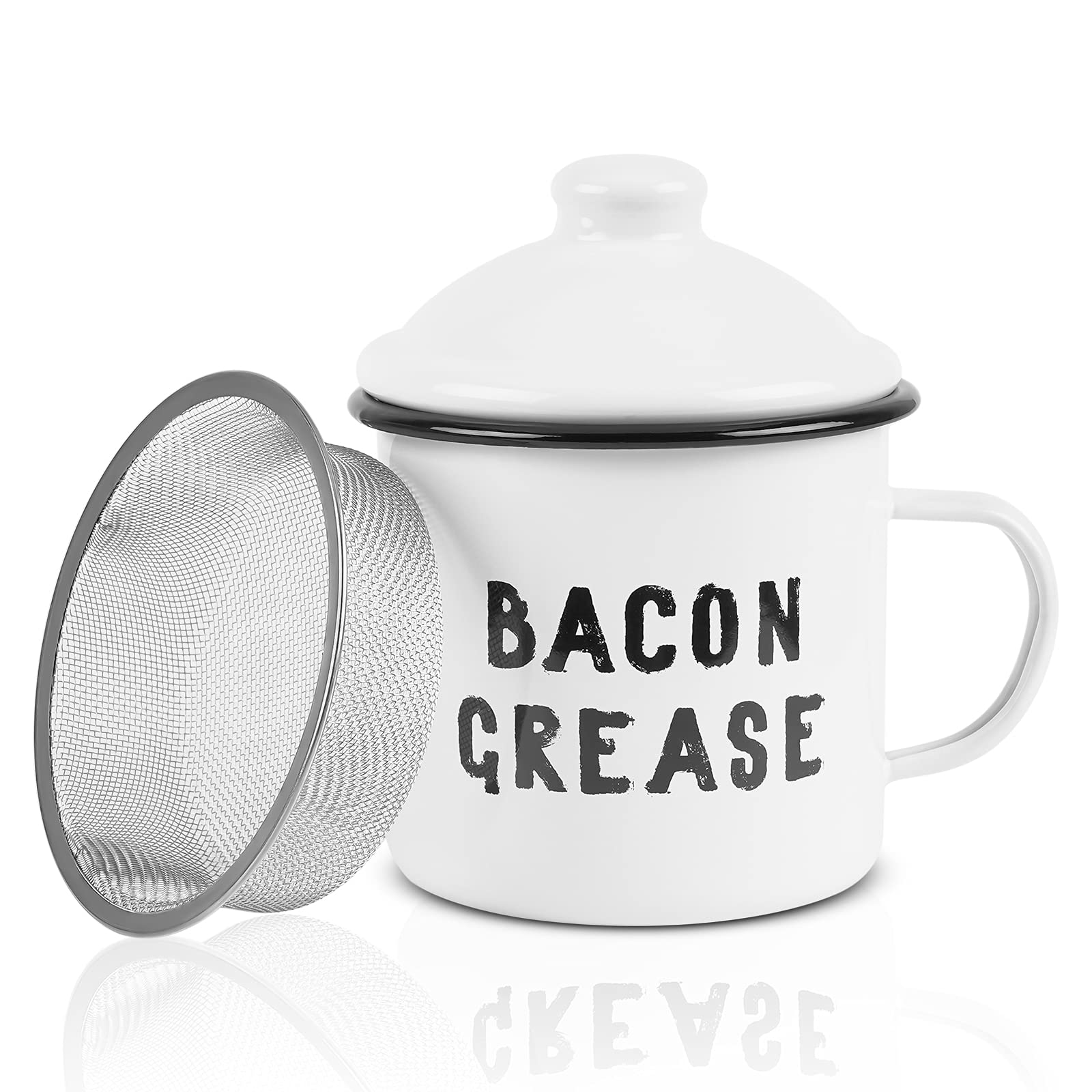 HOOMUU Bacon Grease Container with Fine Strainer - Farmhouse Style White Enamel Can for Kitchen Counter Storage Decor - Durable & Easy to Clean Cooking Oil Keeper 4 X 4 Inch