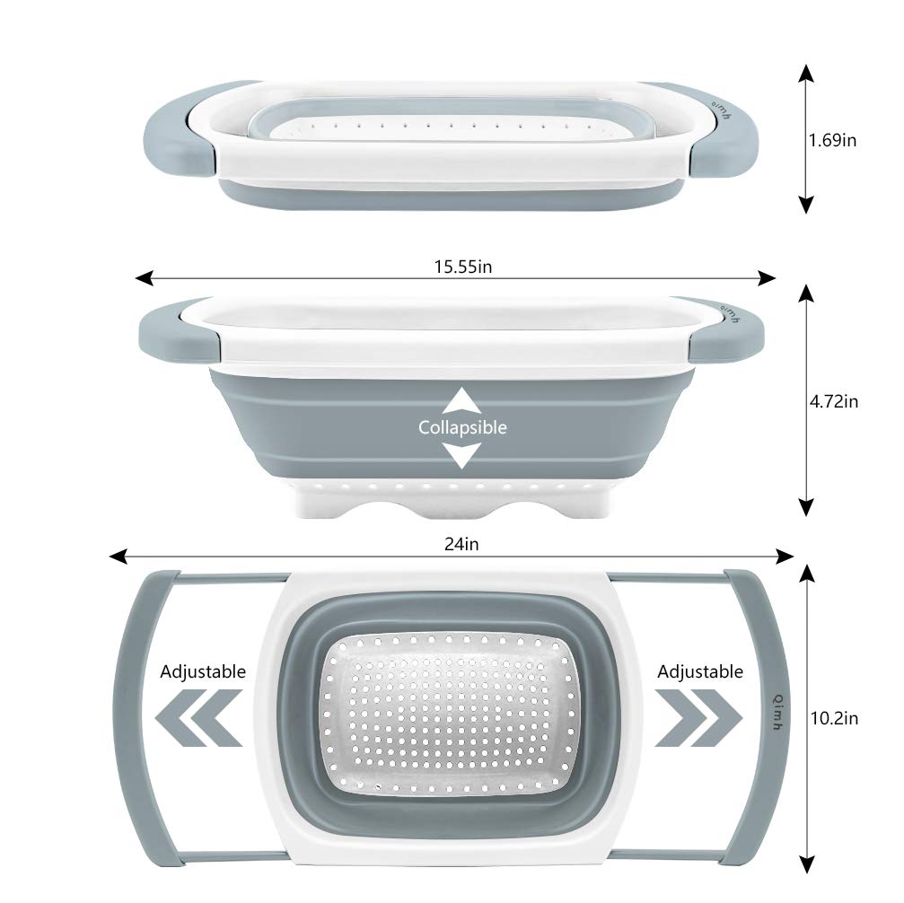 Qimh Collapsible Colander | Over The Sink Silicone Kitchen Strainers and Colanders with Extendable Handles | Veggies, Fruit and Pasta Foldable Strainer for Kitchen, 6-Quart, BPA Free