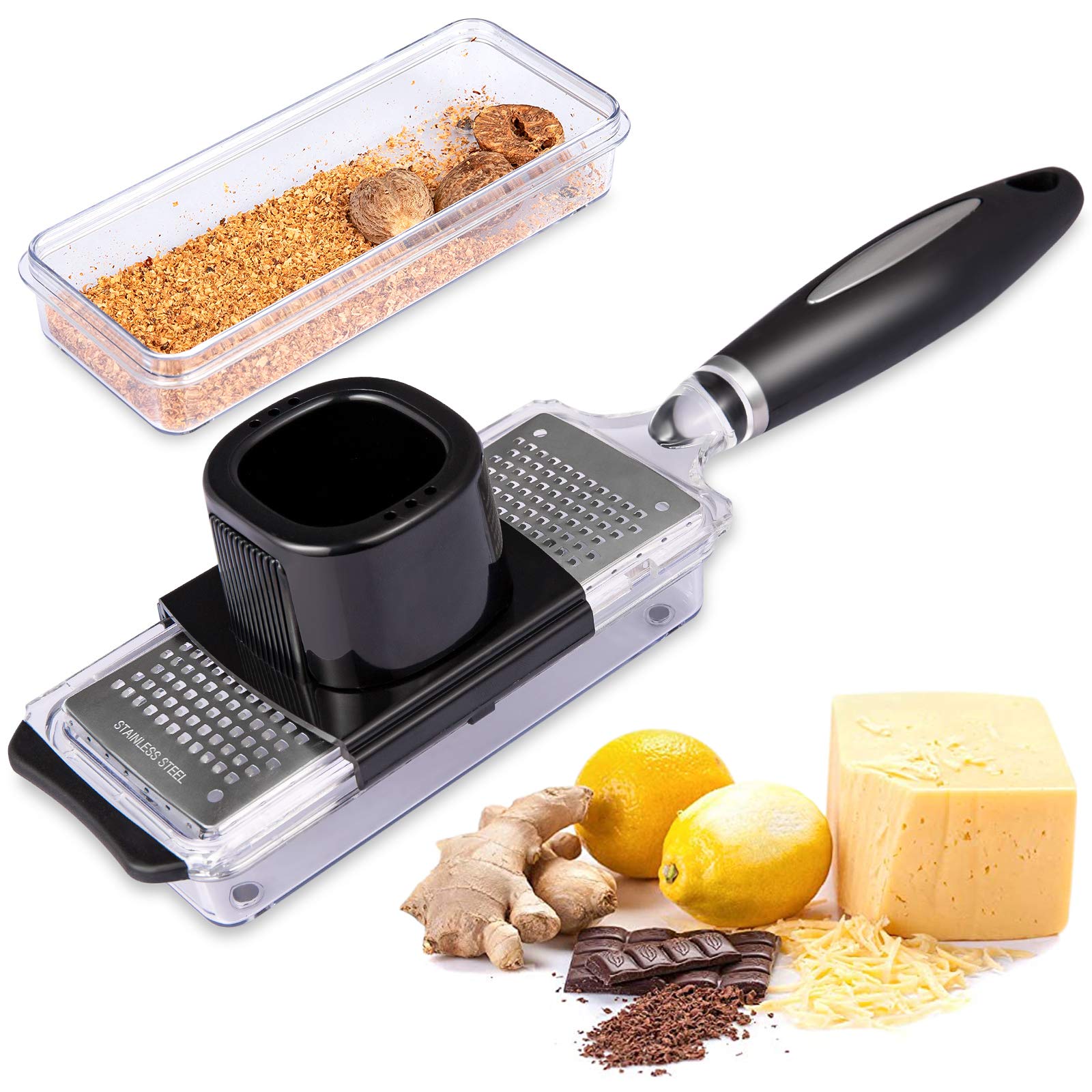 Otevy Mos Ginger Grater Tool with Handle Lemon Zester with Catcher Premium Stainless Steel Mini Grater with Container Nutmeg Grinder Garlic Grater