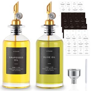 vitever olive oil dispenser, glass oil bottle set,coffee syrup dispenser for kitchen, orange-ish cooking oil and vinegar dispenser set with weighted pourer, funnel and 64 labels