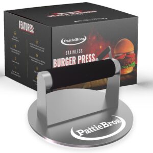 pattiebros stainless steel burger press 6.2in | hamburger press with rubber handle | smash burger press for griddle | burger smasher grill press | meat press | griddle accessories kit | grill press