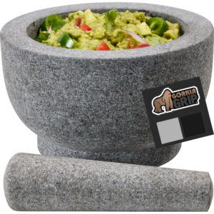 gorilla grip 100% granite slip resistant mortar and pestle set, stone guacamole spice grinder bowls, large molcajete for mexican salsa avocado taco mix bowl, kitchen cooking accessories, 1.5 cup, gray