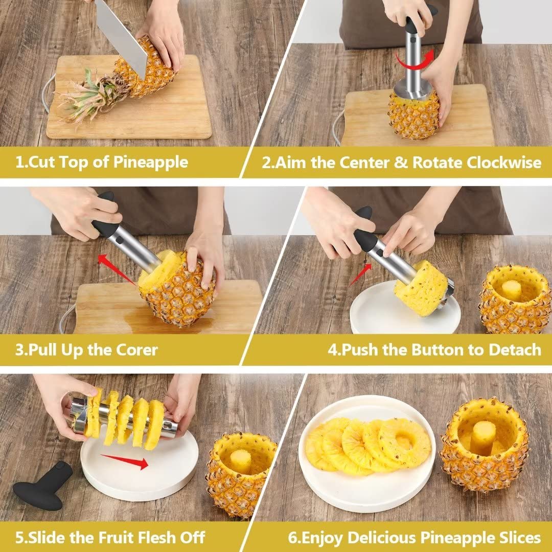 AUBENR Premium Pineapple Corer and Slicer Tool - Sharp Pineapple Cutter with Serrated Tips - Easy to Use and Clean - Stainless Steel Core Remover for Pineapple - Core Fruits with Ease(Black)