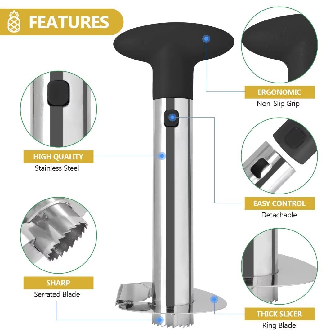 AUBENR Premium Pineapple Corer and Slicer Tool - Sharp Pineapple Cutter with Serrated Tips - Easy to Use and Clean - Stainless Steel Core Remover for Pineapple - Core Fruits with Ease(Black)