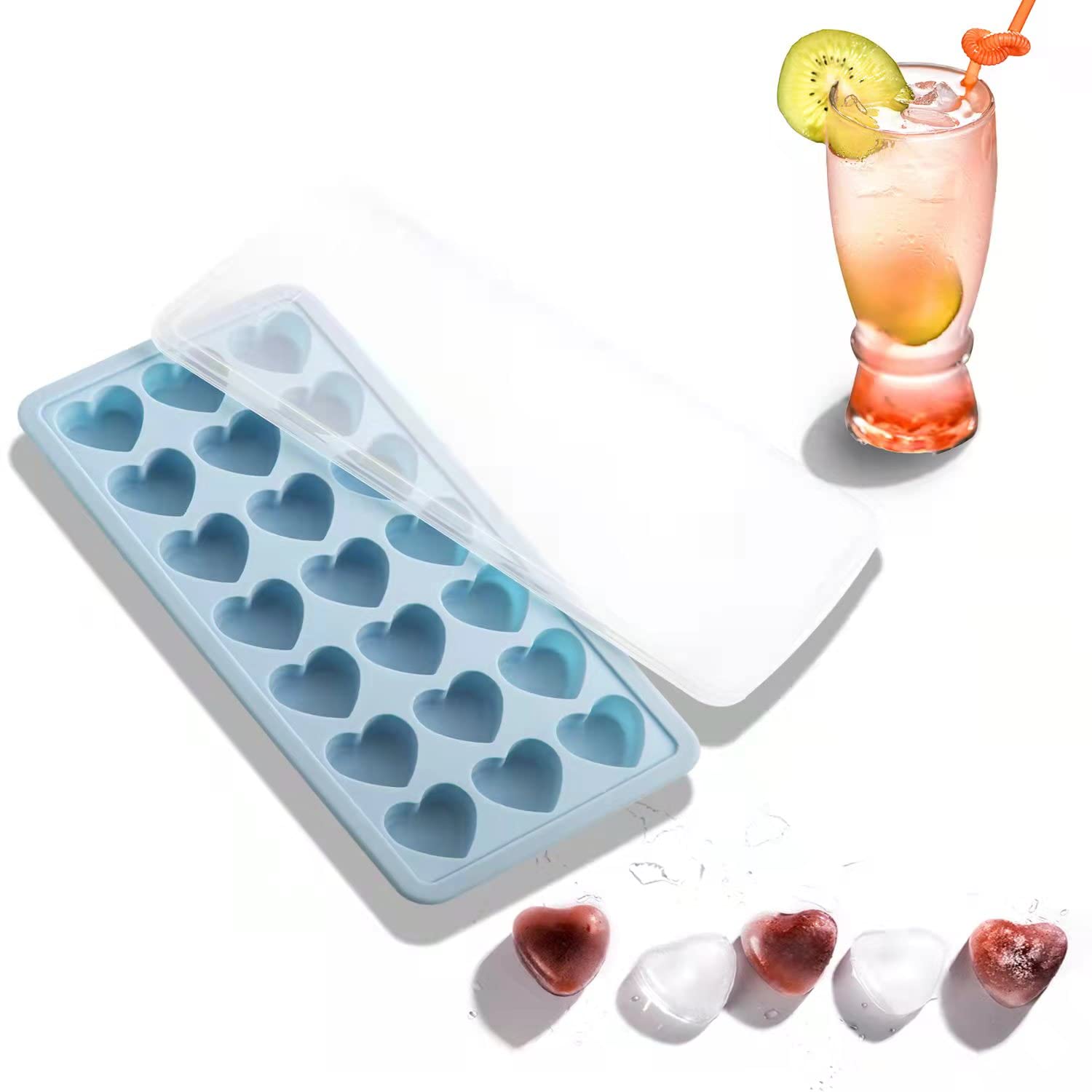 Heart Shape Ice Cube Tray, 21 Holes Silicone Ice Cube Mold with Removable Lid Flexible for Whiskey Cocktail Chocolate Valentine's Day (Blue)