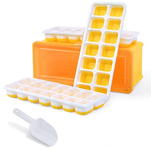 Korlon Silicone Ice Cube Tray with Lid and Bin, Ice Trays for Freezer with Lid Scoop Pull-out Design Easy to Release Ice Cube Trays for Whiskey Cocktails Cool Drinks, 42 Ice Cubes Total