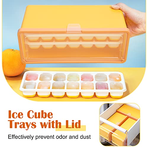 Korlon Silicone Ice Cube Tray with Lid and Bin, Ice Trays for Freezer with Lid Scoop Pull-out Design Easy to Release Ice Cube Trays for Whiskey Cocktails Cool Drinks, 42 Ice Cubes Total