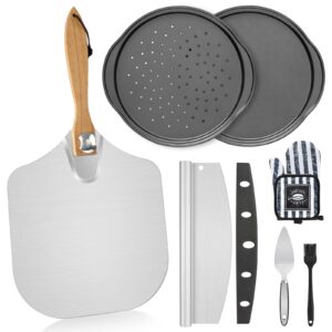 7pcs foldable pizza peel pizza pan set,12" x 14" aluminum metal pizza paddle with wooden handle, rocker cutter, server set, baking oven mitts, oil brushes, homemade pizza oven accessories