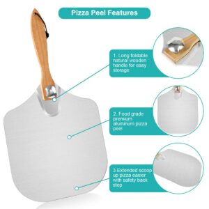 7PCS Foldable Pizza Peel Pizza Pan Set,12" x 14" Aluminum Metal Pizza Paddle with Wooden Handle, Rocker Cutter, Server Set, Baking Oven Mitts, Oil Brushes, Homemade Pizza Oven Accessories