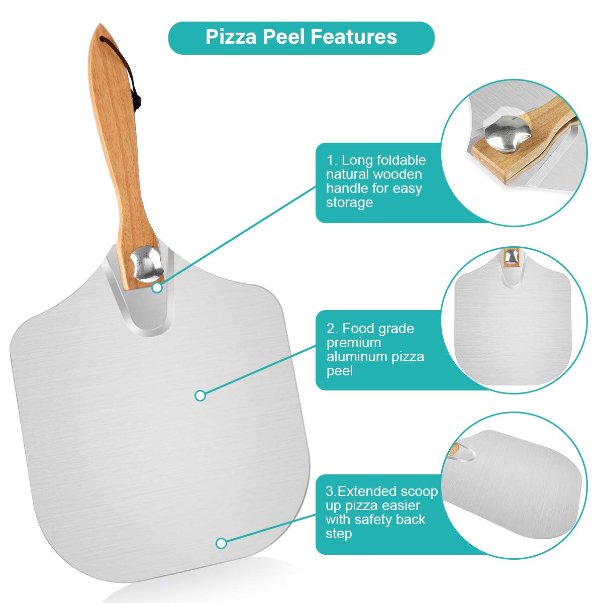 7PCS Foldable Pizza Peel Pizza Pan Set,12" x 14" Aluminum Metal Pizza Paddle with Wooden Handle, Rocker Cutter, Server Set, Baking Oven Mitts, Oil Brushes, Homemade Pizza Oven Accessories