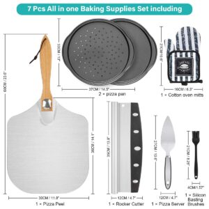 7PCS Foldable Pizza Peel Pizza Pan Set,12" x 14" Aluminum Metal Pizza Paddle with Wooden Handle, Rocker Cutter, Server Set, Baking Oven Mitts, Oil Brushes, Homemade Pizza Oven Accessories