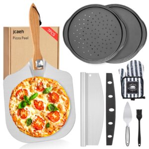 7PCS Foldable Pizza Peel Pizza Pan Set,12" x 14" Aluminum Metal Pizza Paddle with Wooden Handle, Rocker Cutter, Server Set, Baking Oven Mitts, Oil Brushes, Homemade Pizza Oven Accessories