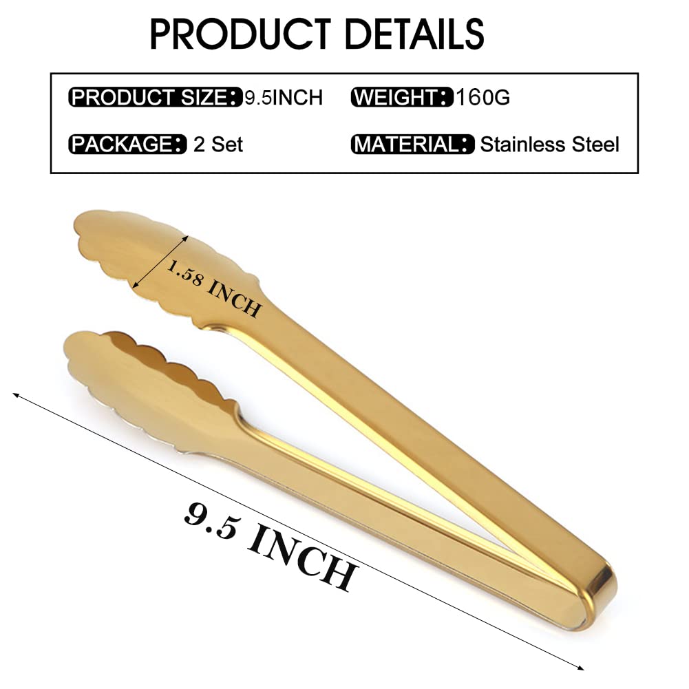 IAXSEE 2 Pack 9 Inch Gold Serving Tongs Gold Serving Utensils Salad Tongs Buffet Tongs Non-slip & Easy Grip Stainless Steel Gold Plated Buffet Serving Tongs, Salad, Ice, Oven
