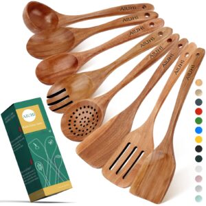 wood spoons for cooking,nonstick kitchen utensil set,wooden spoons cooking utensil set non scratch natural teak wooden utensils for cooking(teak 8 pack)