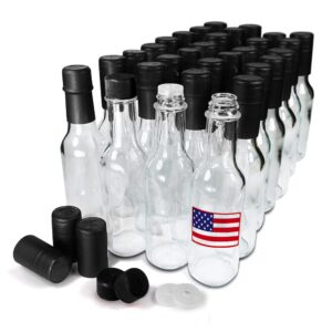 hot sauce woozy bottles empty 5 oz complete sets of premium commercial grade clear glass dasher bottle with shrink capsule, leak proof screw cap, snap on orifice reducer dripper insert (black 30 sets)