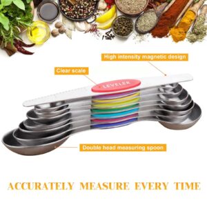 Magnetic Measuring Spoons Set, 8pcs Nesting Stainless Steel Teaspoon Measuring Spoons with Leveler, Stackable Dual Sided Tablespoon Measure Spoon for Measuring Dry and Liquid Ingredients