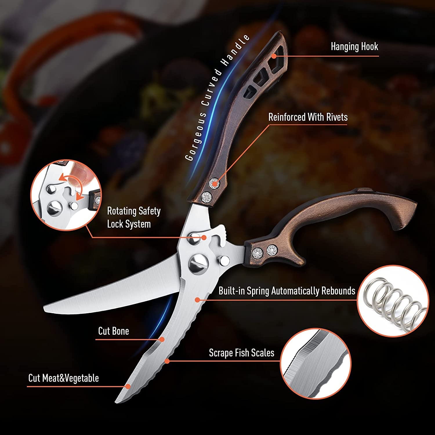 Heavy Duty Poultry Shears with Serrated Edge - For Chicken, Bone, Meat, Turkey, Fish - No Rust, Spring Loaded, Stainless Steel Kitchen Scissors