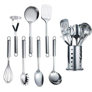 berglander cooking utensil set 8 piece, stainless steel kitchen tool set with stand,cooking utensils, slotted tuner, ladle, skimmer, serving spoon, pasta server,potato maseher, egg whisk. （8 pieces）