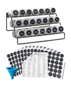 gongshi 3 tier cabinet spice rack organizer with 21 empty glass spice jars (4oz), 386 spice labels, chalk marker and funnel for pantry cupboard or countertop, black