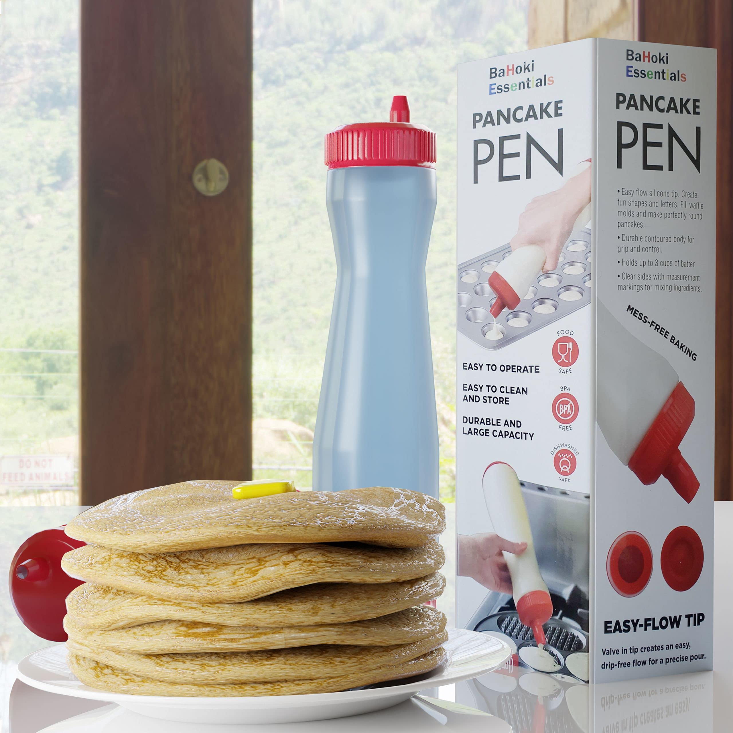 Bahoki Essentials Pancake Pen - Easy Squeeze Pancake Art Plastic Bottle Container - Pancake and Crepe Batter Mixer and Dispenser - Kitchen Baking Tool and Supplies - Drip Free Silicone Nozzle