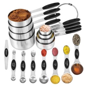 kelofko 16 pieces measuring cups and magnetic measuring spoons set stainless steel,8 measure cups with silicone handle and 7 double sided magnetic measure spoons & 1 leveler