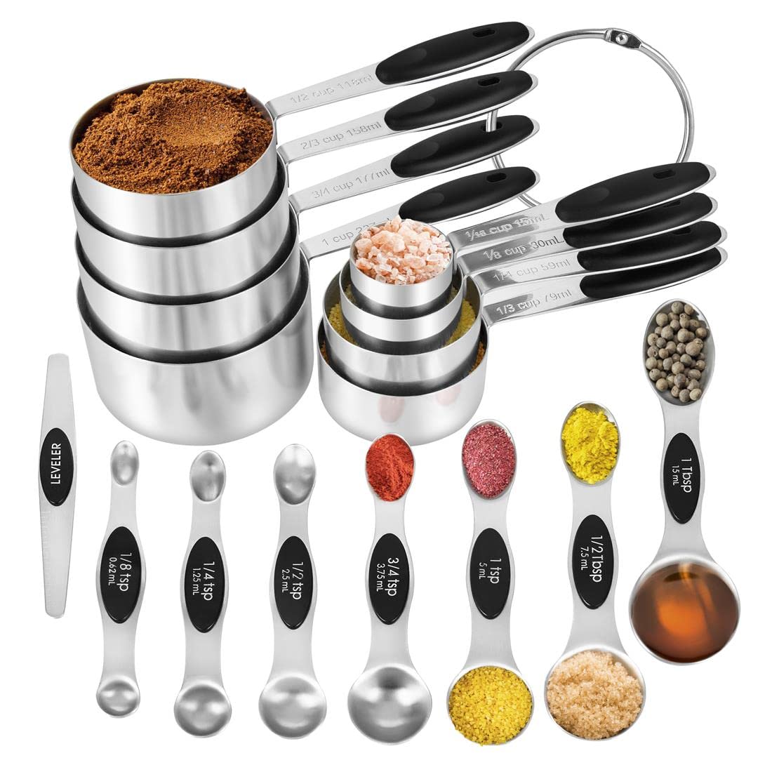 KELOFKO 16 Pieces Measuring Cups and Magnetic Measuring Spoons Set Stainless Steel,8 Measure Cups with Silicone Handle and 7 Double Sided Magnetic Measure Spoons & 1 Leveler