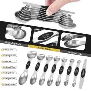 KELOFKO 16 Pieces Measuring Cups and Magnetic Measuring Spoons Set Stainless Steel,8 Measure Cups with Silicone Handle and 7 Double Sided Magnetic Measure Spoons & 1 Leveler