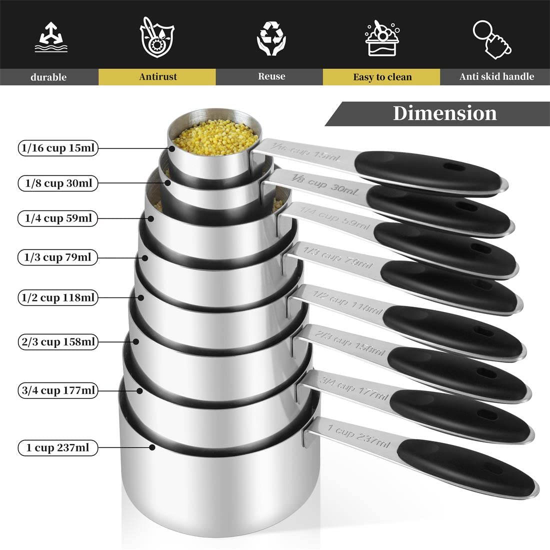 KELOFKO 16 Pieces Measuring Cups and Magnetic Measuring Spoons Set Stainless Steel,8 Measure Cups with Silicone Handle and 7 Double Sided Magnetic Measure Spoons & 1 Leveler