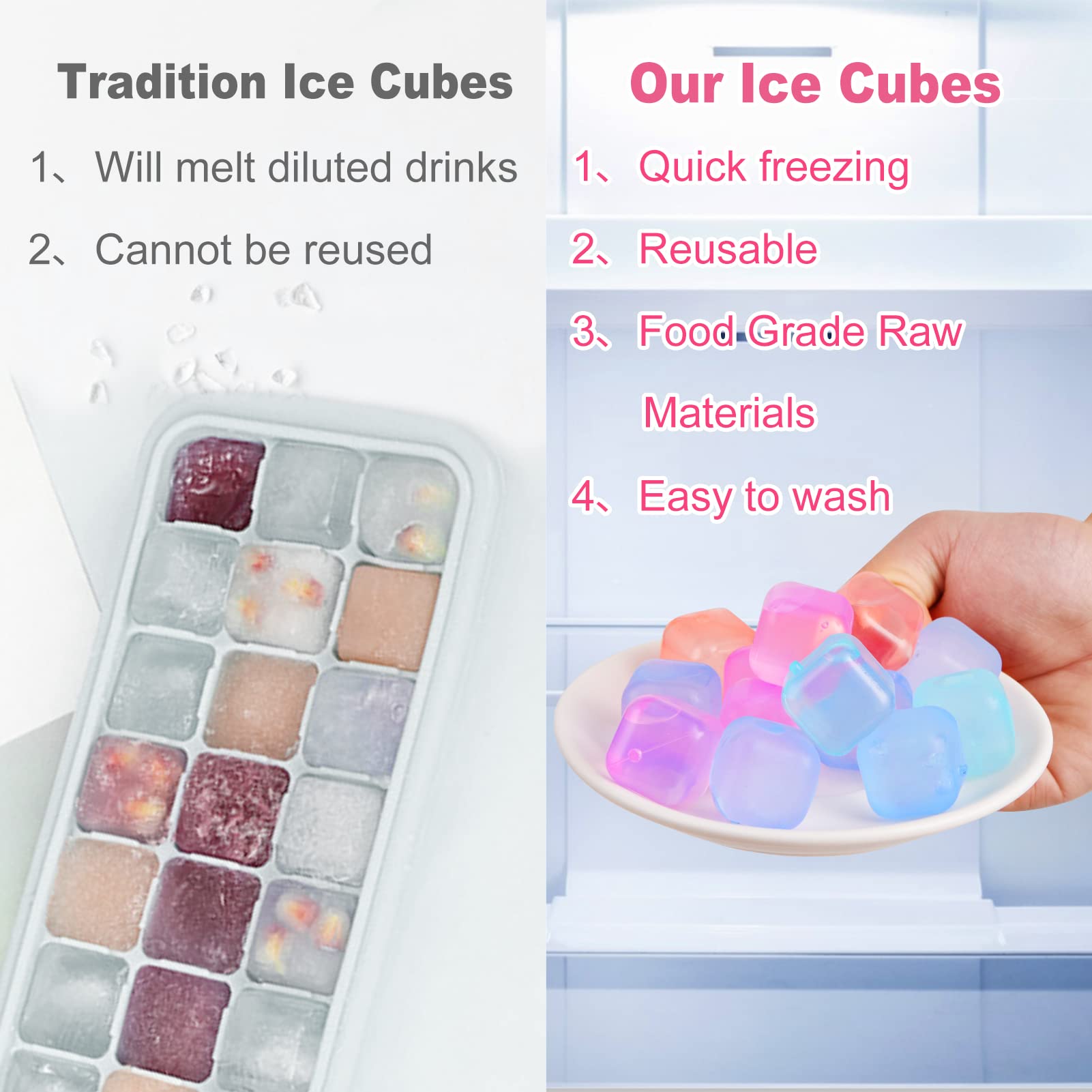 80 Pack Color-changing Reusable Ice Cube for Drinks, Colorful Square Plastic ice Cubes Without Diluting BPA Free, Refreezable Ice Cubes for Coffee, Wine, Whiskey, Cocktails (Color-changing)