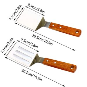 KLAQQED 2 PCS Metal Spatula for Cast Iron Skillet, Stainless Steel Grill Spatula Slotted Spatula Turner Fish Spatula with Wood Handle, Flat Top Grill Spatula, Griddle Metal Spatulas for Cooking BBQ