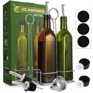 aozita 17oz olive oil dispenser bottle set with stainless steel holder rack - 500ml glass oil & vinegar cruet with no-drip pourers, funnel, and labels - dark green & brown