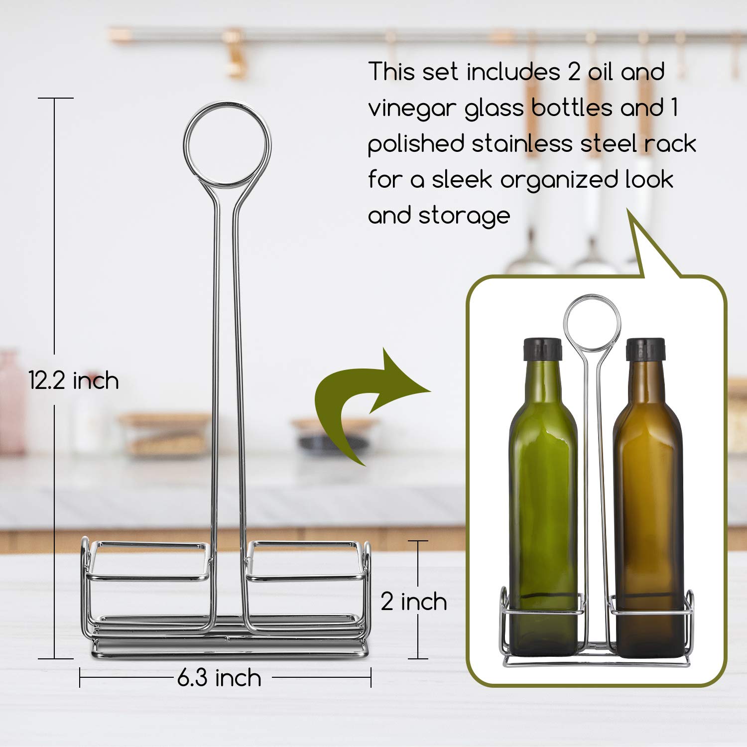 AOZITA 17oz Olive Oil Dispenser Bottle Set with Stainless Steel Holder Rack - 500ml Glass Oil & Vinegar Cruet with No-drip Pourers, Funnel, and Labels - Dark Green & Brown