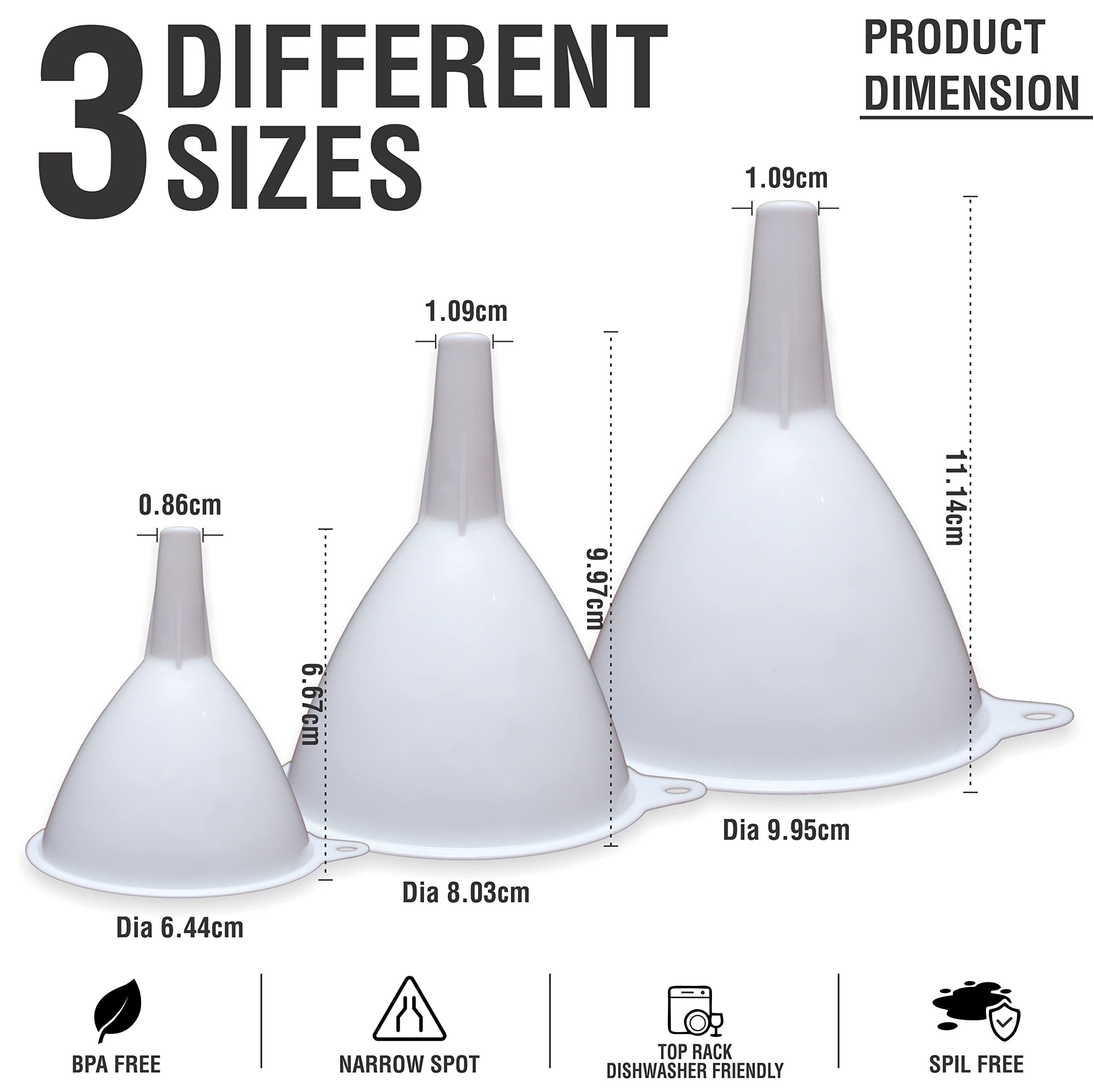 Plastic Funnels for Kitchen Use - 3 Pack of Round Kitchen Funnels for Filling Bottles, Jars & Containers - Kitchen Funnel Set with Holders - Funnels for Kitchen use Filling Bottles, Automotive Use