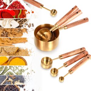 PrettyFine Collection 8 Piece Gold Measuring Cups Set and Measuring Spoons, Golden With fragrant wood Handles-Complete Set of Measure Cups and Spoons For Cooking and Baking.…